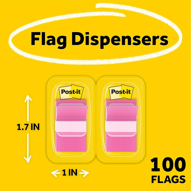 Post-it Flags, 50/Dispenser, 2 Dispensers/Pack, 1 in Wide, Bright Pink (680-BP2)