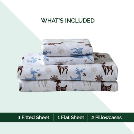 Elegant Comfort Ultra Soft 4-Piece 100% Turkish Cotton Flannel Sheet Set - Holiday Christmas Flannel Sheets, Warm and Cozy Anti-Pill Premium Quality, Deep Pocket Fitted Sheet- Twin XL, Brown Deer