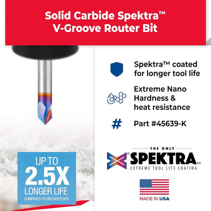 Amana Tool 45639-K SC Spektra Extreme Tool Life Coated V Groove 90 Deg x 1/4 D x 25/64 CH x 1/4 Inch SHK 3-Flute Router Bit