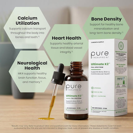 Pure Therapro Rx Ultimate K2 Supplement | Liquid Full Spectrum Vitamin K2 Drops | 680mcg Vegan K2 as All-Trans MK4 & Patented MenaQ7 MK7 | Supports Bone Health + Beautiful Skin & Hair | 90 Servings