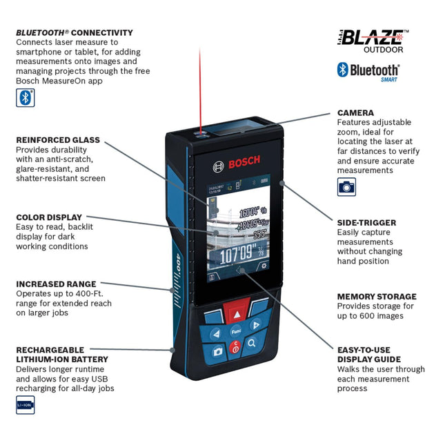 Bosch GLM400C Blaze Outdoor 400 ft Bluetooth Connected Laser Measure with Camera and AA Batteries