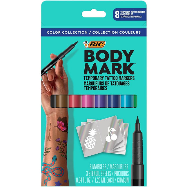 BIC BodyMark Temporary Tattoo Markers for Skin, Color Collection, Flexible Brush Tip, 8-Count Pack of Assorted Colors, Skin-Safe*, Cosmetic Quality (MTBP81-AST), 1 Count (Pack of 8)