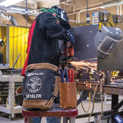 Klein Tools 5816LFR Flame Resistant Bolt Bag for Tool Storage with Leather Reinforced Rim and Bottom and Separated Tunnel Loops Connection