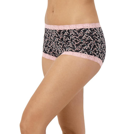 Maidenform Women's Microfiber Pack, One Fab Fit Boyshort Panties with Lace, 3-Pack Boy Short, Geo Snowflake/Cherry Blossom/Latte Lift, L (Pack of 3)