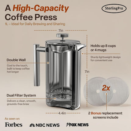Cafetière à piston en acier inoxydable SterlingPro 1 L (34 oz) miroir – Grande cafetière à double paroi isolée, conception durable pour garder les boissons chaudes, facile à utiliser et à nettoyer pour une infusion riche en saveur