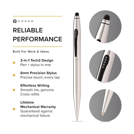 Cross Tech2 Chrome Ballpoint Pen with 6mm Stylus (AT0652-2)