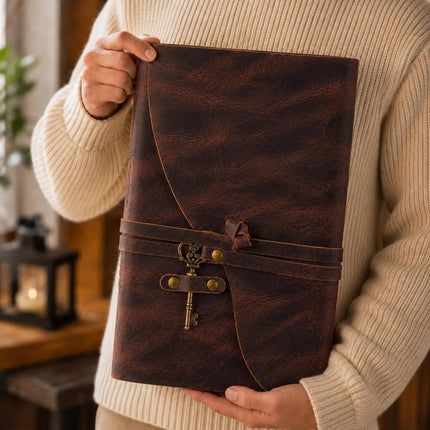 Vintage Leather Journal - Antique Handmade Deckle Edge Vintage Paper Leather Bound Journal - Book of Shadows Journal - Leather Sketchbook - Drawing Journal - Great Gift (Red Brown, 11.5"x8.25")