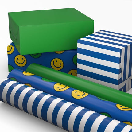 Hallmark Image Arts Birthday Wrapping Paper Mini Rolls, 3-Pack (Blue Stripes, Solid Green, Smiley Faces) for Kids Parties, Graduations, Father's Day, Easter, Any Occasion - 27 Sq. Ft. Total