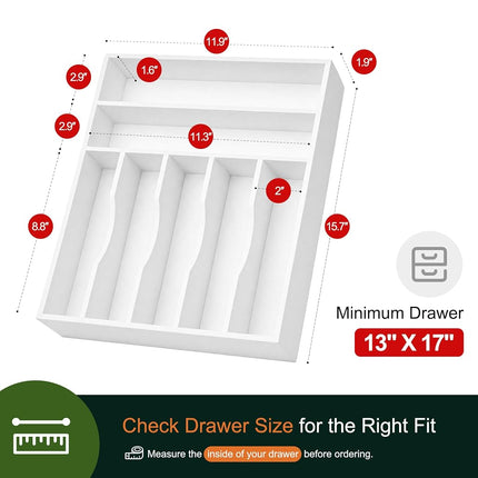 oridom Kitchen Bamboo Silverware Organizer, Kitchen Drawer Organizer - Utensil Holder and Cutlery Tray with Grooved Drawer Dividers for Flatware 7 Slot, White