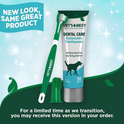 Vet's Best Dog Toothbrush & Enzymatic Toothpaste Kit - Teeth Cleaning - Made with Natural Ingredients - Reduces Plaque, Whitens Teeth, Freshens Breath - Bonus Care Guide & Finger Brush Included