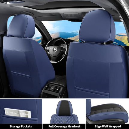FLORICH Housses de siège complètes, housses de siège en cuir, housses de siège avant et arrière 5 places, accessoires de protection de coussin de siège de voiture étanches pour berline, SUV, pick-up (Bleu et noir, ensemble complet)