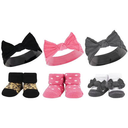 Set de regalo de diadema y calcetines para bebé Hudson, diseño de leopardo rosa salvaje negro, 2 unidades (paquete de 3)