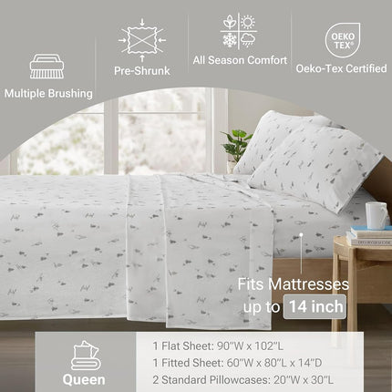 SLEEP PHILOSOPHY True North Flannel Sheets Queen Size, Cozy 100% Cotton Flannel Bed Sheets, Ultra Soft Cute Sheet Set, Elastic Pocket Fits Up to 14" Mattress, Skiiers 4 Piece