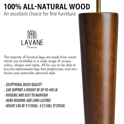La Vane 8 inch Solid Wood Furniture Legs, Walnut Finish & Tapered, 4-Pack