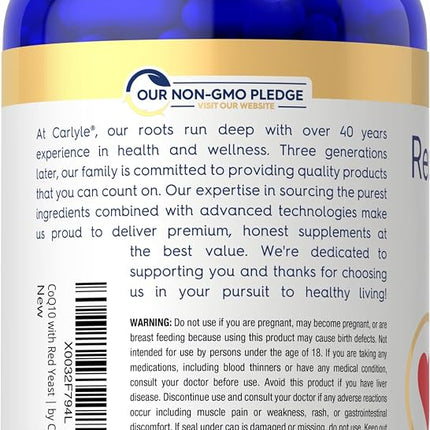 CoQ10 with Red Yeast Rice | 180 Capsules | Mega Q-Sorb 120mg & Red Yeast Rice 1200 mg | Non-GMO, Gluten Free Supplement | by Carlyle