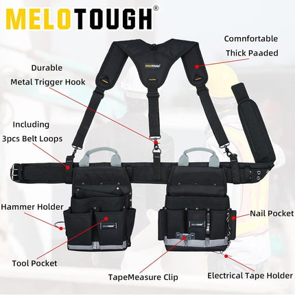 MELOTOUGH Electrician Tool Belt with Suspenders Braces Tool Bag Suspenders Tool Belt Combo Construction Tool Pouch Heavy Duty Suspension Rig for Electrician, Roofing,Contractor,Carpenter,Black-Y