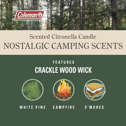 Coleman Campfire Scented Citronella Candle with Wooden Crackle Wick, Campfire Fragrance, 25-Hour Burn Time, Nostalgic Tin for Outdoor Ambiance