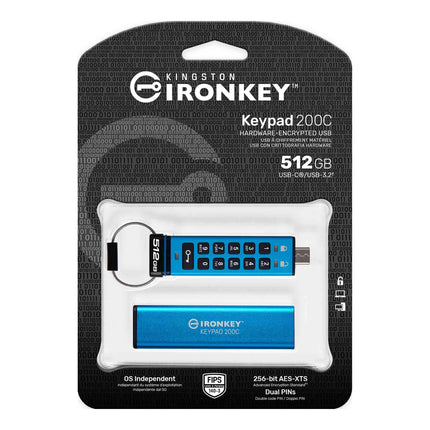 Clé USB Chiffrée Kingston Ironkey Keypad 200 USB-C 512 Go | Indépendante de l'OS | FIPS 140-3 Niveau 3 | XTS-AES 256 bits | Protection BadUSB et Brute Force | Option Multi-Code PIN | IKKP200C/512GB