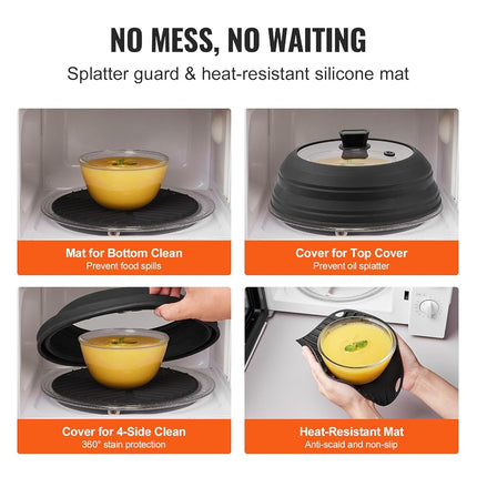 VEVOR Microwave Splatter Cover & Mat, 10.8" Collapsible Microwave Lid for Food, 500�F Heat-Resistant Silicone & Tempered Glass Splatter Guard for Plate Dish, Multi-Purpose Kitchen Gadget with Handle