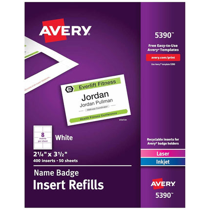 Avery Customizable Name Badge Inserts, 2.25” x 3.5”, White, 400 Printable Name Tag Inserts (5390) (Pack of 5)
