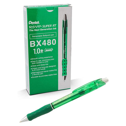 Bolígrafo Pentel RSVP Super RT, punto mediano (1.0 mm), tinta verde, caja de 12, (BX480-D)