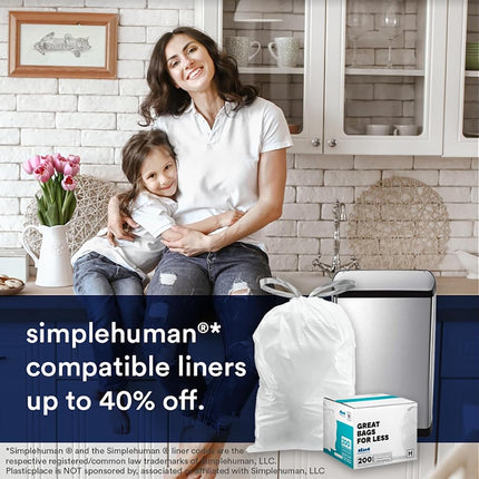 Plasticplace Custom Fit Trash Bags simplehuman (x) Code H Compatible, 8-9 Gallon, 30-35 Liter,18.5" x 28", 200 Count, White