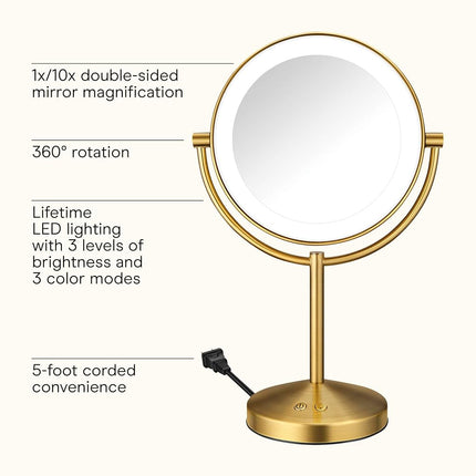 Conair Lighted Makeup Mirror, Double-Sided LED Vanity Mirror with 1X/10X Magnification, 3 Light Settings, 3 Modes, 360� Rotation, Brushed Brass Finish