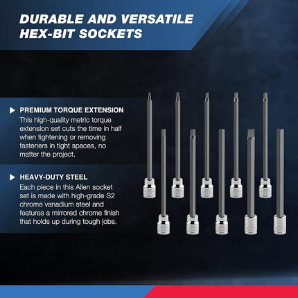 NEIKO 10077A 3/8” Drive Metric Extra Long Allen Hex Bit Socket Set | 10 Pieces | Sizes 3mm – 10mm | Shaft Length 6” | Premium S2 Steel Bits | Heavy Duty Cr-V Sockets | Exceeds ANSI Standards