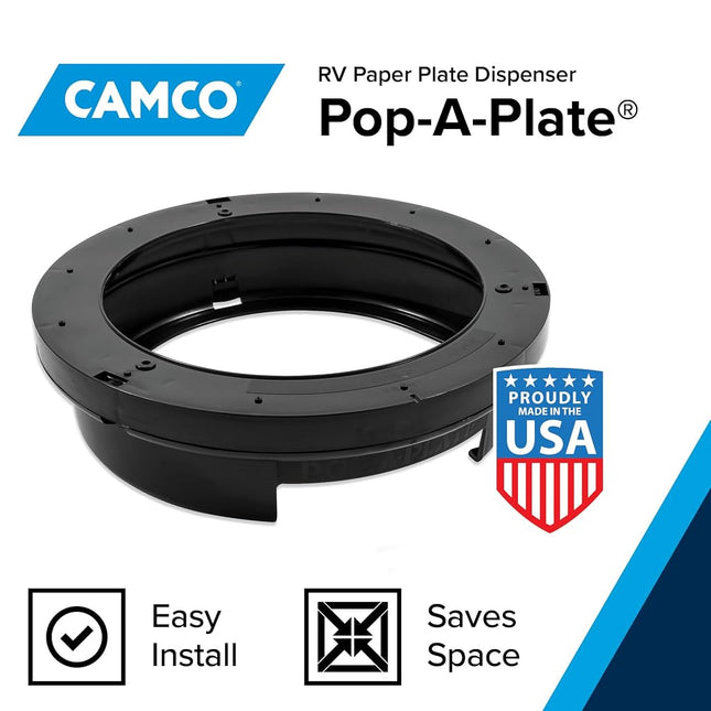 Camco 9-inch Pop-A-Plate Plastic Plate Dispenser | Ideal for Compact Spaces, RVs and Trailers | Mounts Under Cabinets or Shelves | Black (57006)