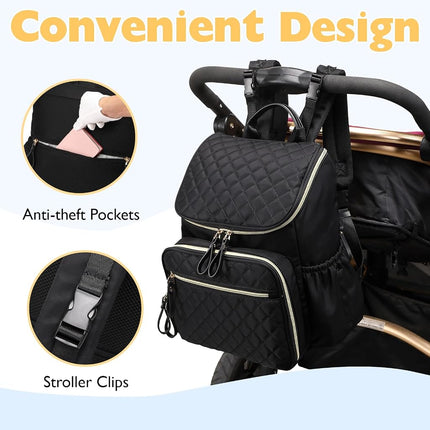 LORADI Diaper Bag Backpack with Storller Clips, Water-Resistant Travel Backpack with Anti-Theft Pocket, Black, Large