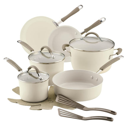 Rachael Ray Cucina Ceramic Cookware Set - 13 Pieces - Ceramic Pots and Pans Set w/Nonstick Frying Pans, Saute Pan, Saucepans, Stockpot, Lids, Pan Protectors & Cooking Utensils - Almond
