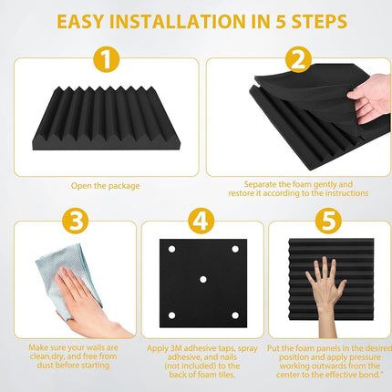 Acoustic Foam Panels 12 Pack 1" x 12"x 12" High Density Soundproofing Wedges for Wall Sound Proof Foam Panels Noise Absorbing Blocker and Sound-Damping Black Perfect for Studio Office Gaming Room