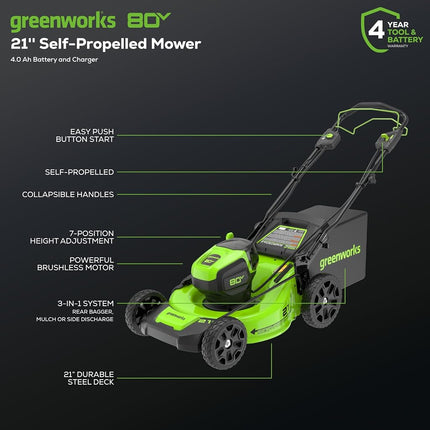 Greenworks 80V 21� Brushless (Self-Propelled) Cordless Electric Lawn Mower + (580 CFM) Axial Leaf Blower (75+ Compatible Tools), 4.0Ah Battery and 60 Minute Rapid Charger, Green and Black