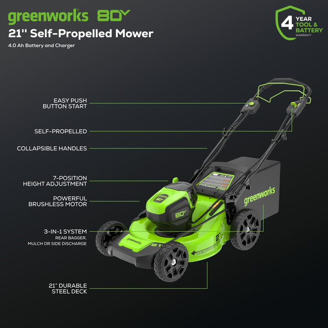 Greenworks 80V 21� Brushless (Self-Propelled) Cordless Electric Lawn Mower + (580 CFM) Axial Leaf Blower (75+ Compatible Tools), 4.0Ah Battery and 60 Minute Rapid Charger, Green and Black