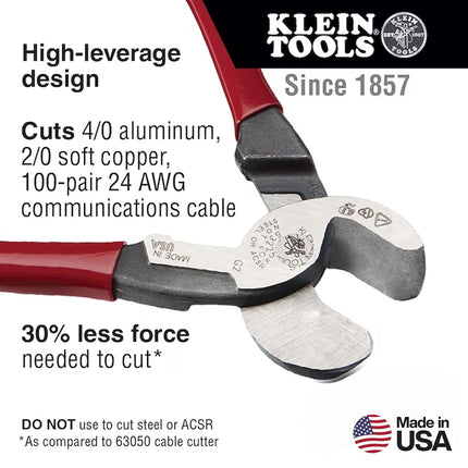Cable Cutter, 9-Inch High Leverage Cutter for Aluminum, Copper and Communication Cable Klein Tools 63225