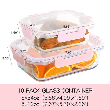 [10-Pack] Glass Meal Prep Containers - Food Storage Containers with Airtight Lids for Kitchen, Home Use - Glass Lunch Containers Pink