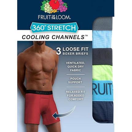 Fruit of the Loom Men's 4-Way Stretch Boxer Briefs | Lightweight & Moisture Wicking Underwear | Long, Regular Leg & Trunk, Cooling Channels-3 Pack-Colors May Vary, S (Pack of 3)