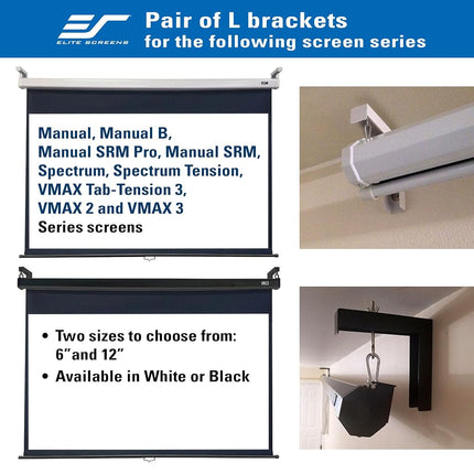 Elite Screens ZVMAXLB6-B Manual/Spectrum/VMAX2 6-inch Wall and Ceiling Hanging L-Brackets, Black