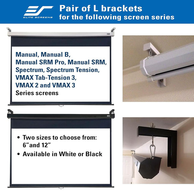 Elite Screens ZVMAXLB6-B Manual/Spectrum/VMAX2 6-inch Wall and Ceiling Hanging L-Brackets, Black