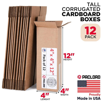Paclord 12 Pack Large Cardboard Boxes 4" x 4" x 12" (L x W x H) - USA Made Packaging Boxes for Moving, Shipping or Storage - USPS, UPS Approved