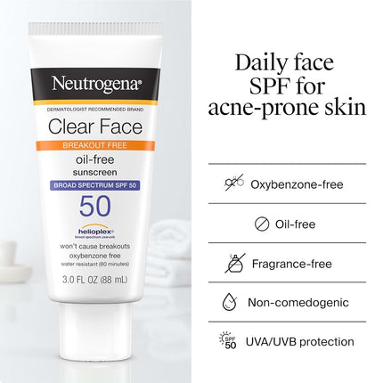 Neutrogena Clear Face Liquid Lotion Sunscreen for Acne-Prone Skin, Broad Spectrum SPF 50 UVA/UVB Protection, Fragrance & Oxybenzone Free Facial, Non-Comedogenic, Unscented, 3 Fl Oz