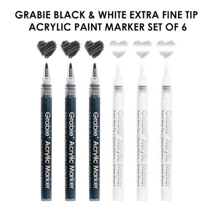 Grabie 6 Pack of Black & White Acrylic Paint Markers, 0.7 mm Extra Fine Tip