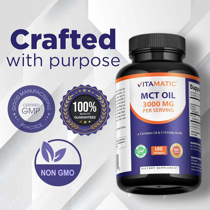 Vitamatic MCT Oil 3000 mg per Serving - 180 Softgels - From Coconut Oil - contains 55% caprylic acid C8 and 40% capric acid C10