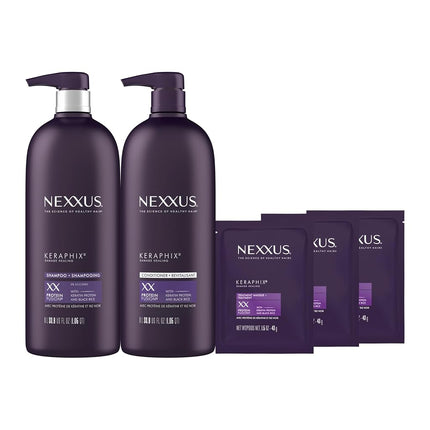Nexxus Keraphix Shampoo and Conditioner - Damaged Hair Treatment System with Keratin Protein and Black Rice, 2 Count & 3 Repair Masks Treatment, 33.8 oz, 1.5 oz, 3 Count, 5 Count (Pack of 1)