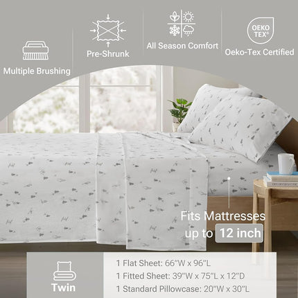 True North by Sleep Philosophy Flannel Sheets Twin Size, Cozy 100% Cotton Flannel Bed Sheets, Ultra Soft Cute Sheet Set, Elastic Pocket Fits Up to 12" Mattress, Skiiers 3 Piece