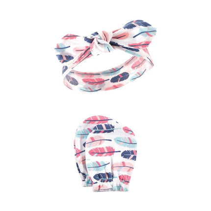 Hudson Baby Baby Girls' Cotton Headband and Scratch Mitten Set, Feathers, 0-6 Months