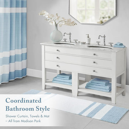 Alfombra de spa reversible Madison Park 100 % algodón a rayas ultrasuave, resistente al agua, antideslizante, absorbente, de secado rápido, para bañera, cuarto de ducha y baño, 24"x72", azul (MP72-6212)