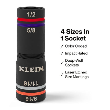 Klein Tools 6512QS Impact-Rated Quad Socket Set, 4-In-1 Flip Socket Driver, Color-Coded, Heavy-Duty Multi Tool, 1/4-Inch Drive, SAE Sizes 1/2-, 9/16-, 5/8-, and 11/16-Inch, 6-1/2-Inch Extension Shaft