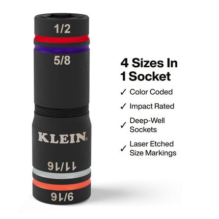 Klein Tools 6512QS Impact-Rated Quad Socket Set, 4-In-1 Flip Socket Driver, Color-Coded, Heavy-Duty Multi Tool, 1/4-Inch Drive, SAE Sizes 1/2-, 9/16-, 5/8-, and 11/16-Inch, 6-1/2-Inch Extension Shaft