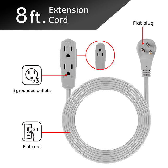 GE Indoor Extension Cord, 8 Ft Power Cable, 3 Grounded Outlets, 3-Prong, Low-Profile Flat Plug, 16 Gauge, UL Listed, Gray, 43027